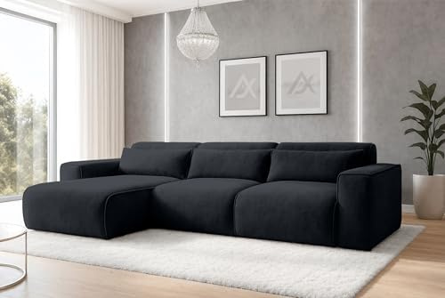 AX Living Wohnlandschaft mit Schlaffunktion Ruyam Ecksofa Schwarz L | Wellenfedern. Abnehmbare Kissen mit Reißverschluss. Kiefernholz und Möbelplatte. Liegefläche von 250 × 130 cm.