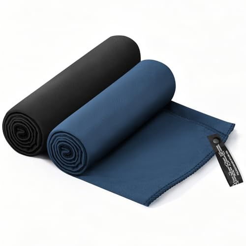 Mikrofaser Handtuch 2er Set(50x100cm): Kompakte Microfaser Handtücher, Schnelltrocknend & Leicht Sporthandtuch, ideal als Badetuch, Strandtuch, Fitnessstudio, Reisehandtuch (Marineblau + Schwarz)