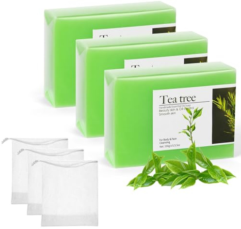 AYBUY Tea Tree Oil Soap,3PCS Tea Tree Cleansing Bar Soap for Face Body Hand | Body & Face Cleanser, with 3 Foaming Nets, 3x100g, for Blemish-Prone Skin, Controls Oil, Deep Cleansing