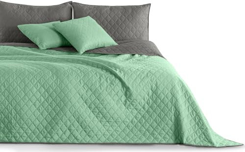 DecoKing 32978 Tagesdecke 260 x 280 Minze Stahl Silber anthrazit grau Bettüberwurf zweiseitig Steppung pflegeleicht Mint Steel Axel