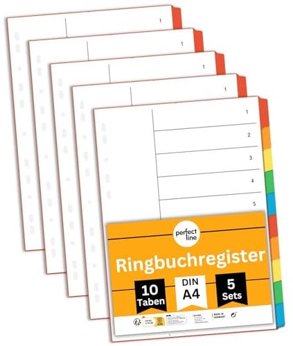perfect line Ordner-Register DIN-A4, 10-teilig, 5er Set, Karton, Made in Germany, Blauer Engel zertifizert