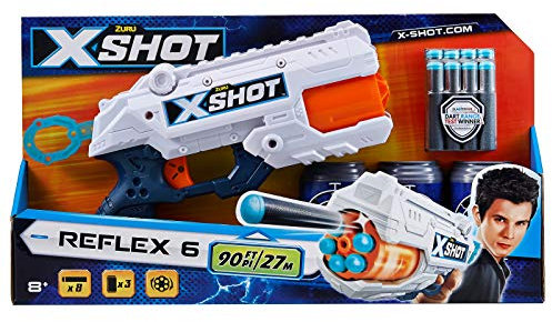 ZURU - XSHOT – Excel – Reflex 6 – Schaumstoffpfeilpistole mit 8 Pfeilen und 3 Zielen – Drehbarer Zylinder mit 6 Schuss – Schießt bis zu 27 m – Für Kinder ab 8 Jahren
