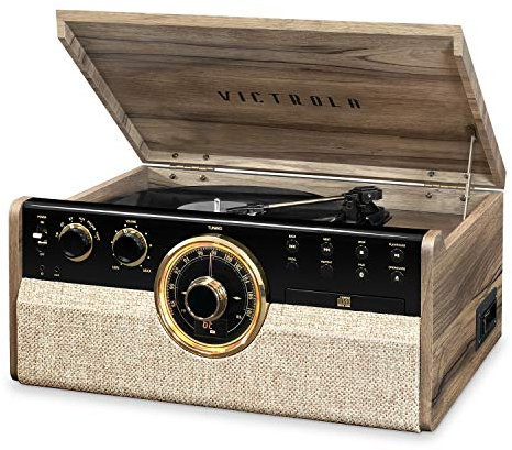 Victrola Empire Tocadiscos 6 en 1 Bluetooth Moderno de Mitad de Siglo en Madera con Plato Giratorio de 3 velocidades, CD, Reproductor de casetes y Radio | Nogal rústico| VTA-270B-FNT-INT