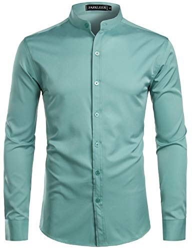 PARKLEES Camicia da uomo slim fit manica lunga abbottonatura casual colletto a fascia