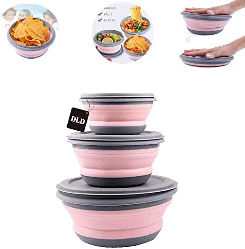 DLD 3PCs Collapsible Bowl Sets Food Storage Outdoor Tableware Silicone Folding Lunch Box Portable Salad Bowl with Lid for Outdoor Camping Hiking, (Pink)