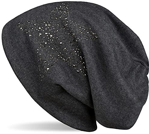 styleBREAKER Damen Beanie Mütze mit Strass Nieten Stern und Schmucksteine Silber-anthrazit, Slouch Longbeanie 04024087, Farbe:Anthrazit meliert