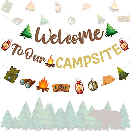 Decoración de Fiesta de Camping Bienvenido a Nuestra Bandera de Camping, Guirnalda de Camper para cumpleaños, Barbacoa, Picnic, Baby Shower, Fin de Semana y Suministros de Fiesta de Aventura