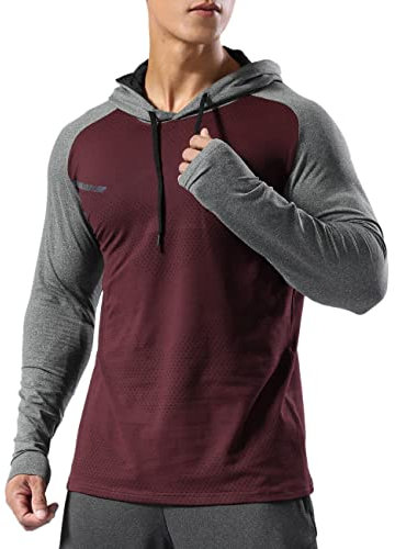 Muscle Alive Herren Thermo Gefüttert Sportlicher Kapuzenpullover Hoodie Zur Seite Fahren Lange Ärmel Sweatshirts von Trainieren Laufen 2104 Weinrot Hit Grau L