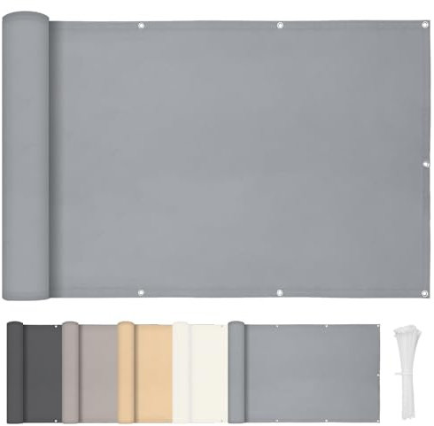 HENG FENG Frangivisto per Balcone 0.75x6m, 160g/㎡ PES Telo Balcone ringhiera,Protezione Privacy, Anti-UV, Impermeabile,Resistente al Vento, con Cinghie, Light Grigio