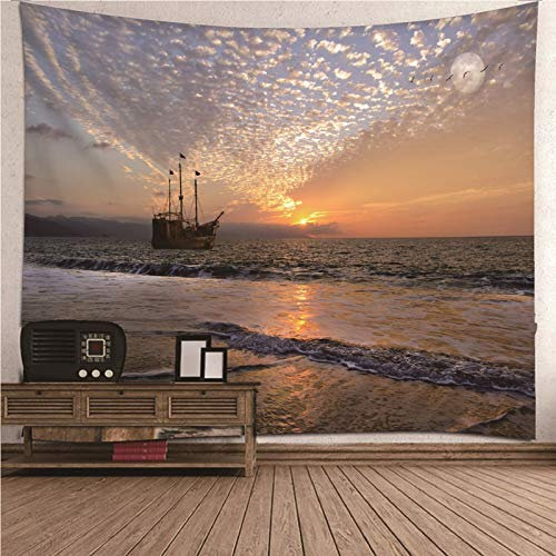 EHOMERY Wandbehang Quer Wanddekoration Wohnzimmer Vintage Orange Meer-Sonnenuntergang-Boot Wandbehang Fotodruck XL Wandschmuck Groß Schlafzimmer 150X150Cm