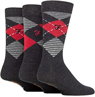 Farah Mens Argyle and Striped Cotton Socks 3 Pack Charc/Berry Arg 6-11