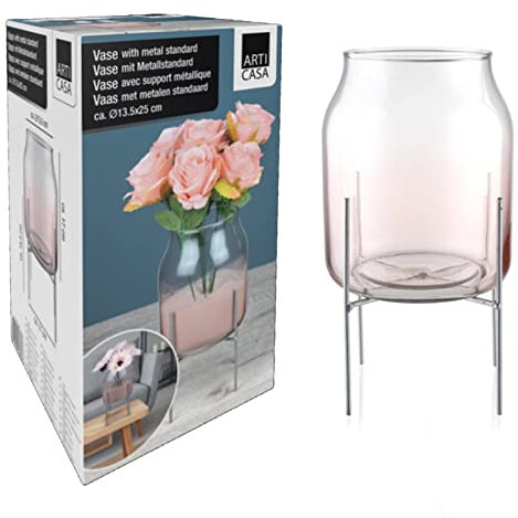 Glass Flower Vase with Stand Plant Pot Planter Bud Vase Metal Stand Holder Decorative for Home Living Room Dining Table Top Desk Decoration Wedding Centrepiece Indoor Décor Gift (Pink 17cm)