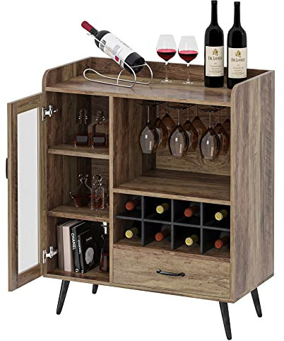 soges Weinschrank mit Weinregal Sideboard Kücheschrank mit 1 Glastür und Schublade, Industriestil Buffet mit Getränkehaltern, Schublade & Weinregal für Wohnzimmer, Esszimmer, Küche