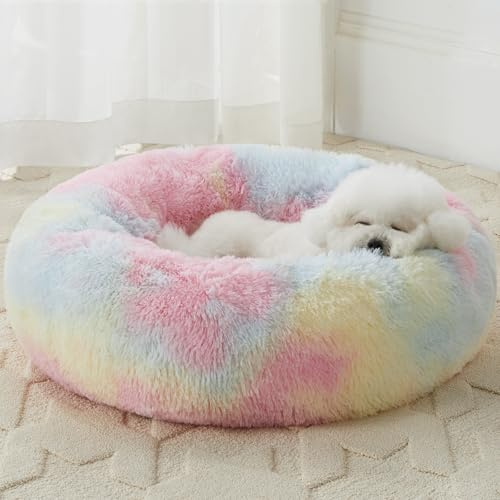 WNPETHOME Calming Dog Bed & Cat Bed, Anti-Anxiety Donut Small Dog Bed, Fluffy Faux Fur Cat Cushion Dog Bed for Small Dogs and Cats (24 x 24 x 8 Inch, Rainbow)