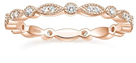 Titaniumcentral Bagues Femme Argent 925 Or rose Bague étroite Éternité Marquise Ronde Milgrain de Zirconium Bague de Fiançailles Alliances (Or Rose,55 (17.5))