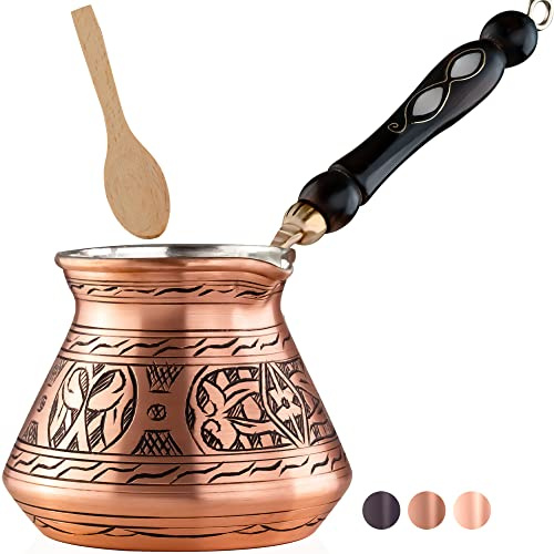 BCS Cezve Ibrik Briki Kaffeekanne mit Holzgriff, Kupfer, 510 ml, Größe XL, türkisch, griechisch, arabisch, 6 Portionen, Herd, Kaffeemaschine (inkl. Holzlöffel)