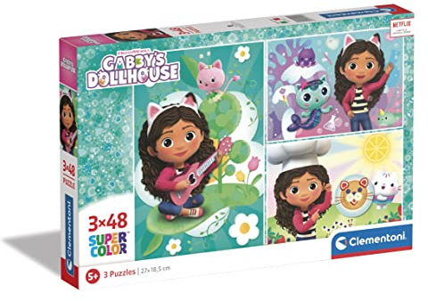 Clementoni DreamWorks Gabby's Dollhouse - 3 Puzzle mit 48 Teilen für Kinder ab 5 Jahren, Buntes Kinderpuzzle mit besonderer Leuchtkraft, 25290 von Clementoni