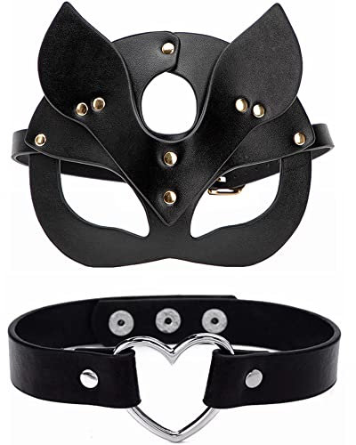 Kiwochy Katze Maske Mit Herz Halskette - Schwarze Maskerade Gesichtsmaske Damen Halbes Gesicht Aus PU Leder für Karneval Mottoparty Kostüm Abschlussball Augenma