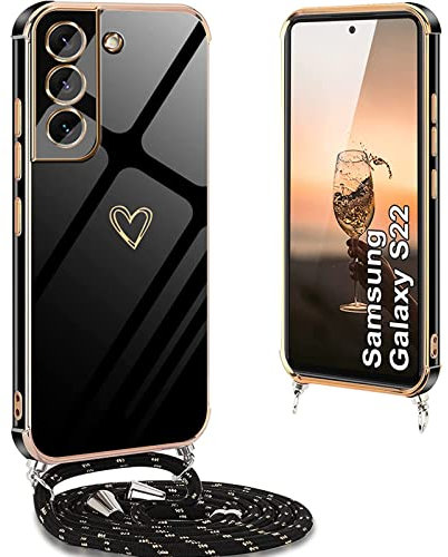 Yutwo Hülle Samsung S22 5G mit Band, Handyhülle Samsung S22 5G mit Band Silikon Stoßfeste Handykette Samsung S22 5G mit Herz Love Design Schutzhülle für Samsung Galaxy S22 5G, Schwarz