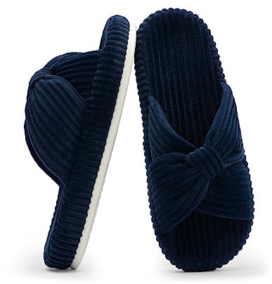 Chantomoo Hausschuhe für Frauen Memory Foam Haus Schlafzimmer Cord Schleife Crossbands Slide Slipper Schuhe Bequem Trendy Geschenk Hausschuhe, Marineblau, 40/41 EU