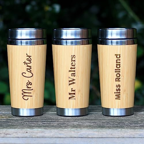 eBuyGB Personalised Teacher Travel Mug, Wooden Insulated 500ml Reusable Drinks Flask, Double Walled Stainless Steel Travel Cup, Teacher Thank You Gift, Teacher Appreciation Gifts - 3 Font Choices