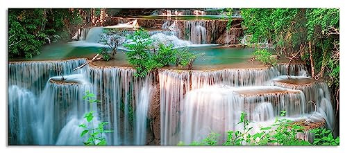 Pixxprint Glasbild Panorama, Wandbild aus Echtglas, Türkise Wasserfälle in Thailand, 120x50 cm, inkl. Aufhängung und Abstandshalter