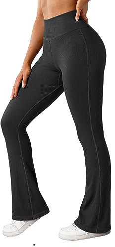OMKAGI Women's Flared Yoga Trousers, Bootcut Yogahose Damen, High Waist Seamless Gerippt Flare Leggings Push Up Long Sports Trousers(L,Schwarz)