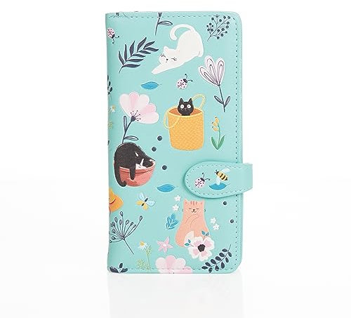 Shagwear Damen Portemonnaie Mädchen Geldbörse Groß Langformat PU Leder - Viele Fächer/Kartenfächer mit Münzfach mit RFID-Schutz und stilvollen Designs - Katze im Garten