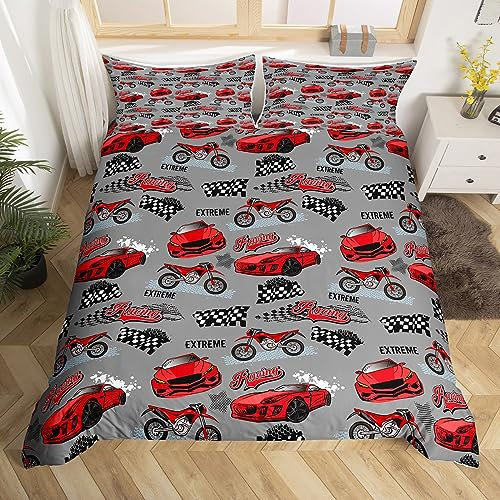 Manfei Racing Duvet Cover Set Single Size, Red Sports Car Race Motorbike Bedding Set 2pcs for Kids Boys Room Decor, Extreme Sports Theme Comforter Cover Black White Grid Quilt Cover with 1 Pillowcase