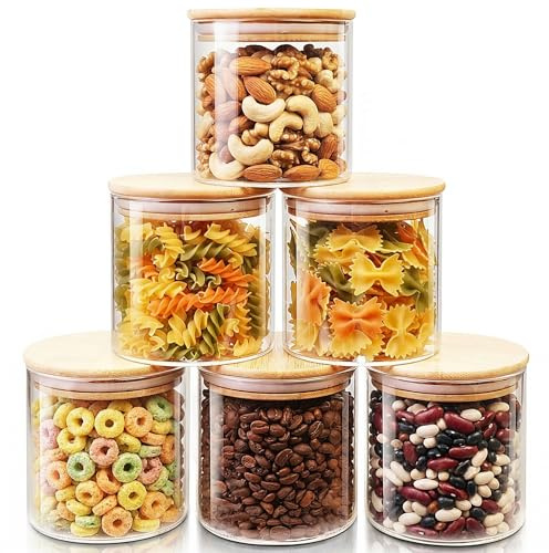 HomArtist Glasdosen mit Bambusdeckel, 6 Stück, Glasbehälter mit luftdichten Deckeln, Frischhaltedosen aus Glas für Kaffee, Zucker, Tee, Süßigkeiten, Kekse, ideal für Küche und Speisekammer, 6 Stück