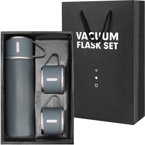 Belle Vous Graue Thermosflasche aus Edelstahl mit Deckel und 2 Becher - 500ml Doppelwandige Thermoskanne mit Becher - auslaufsichere Thermos Flasche für heiße und kalte Getränke