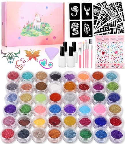 546 Glitzer Tattoo Set Kinder,48 Farben,250 Schablonen,238 Strasssteine,5Pinsel,4 Kleber,Schönheitsschwamm,Wasserdichtes Tattoo Kinder Make Up Körper Glitzer,Geschenk Party Geburtstag Ostern