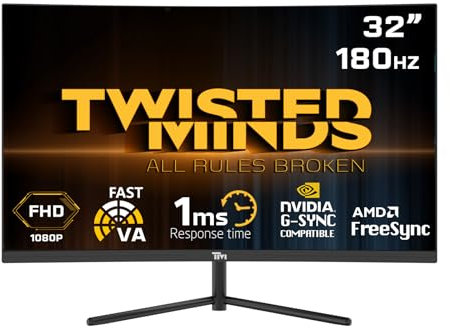 Twisted Minds Écran Gamer, Affichage Rapide 32 Pouces, Dalle VA, résolution FHD 1920 x 1080, taux de rafraîchissement 180 Hz, Rapport d'aspect 16:9, Temps de réponse 1 ms - Noir (TM32CFHD180VA)