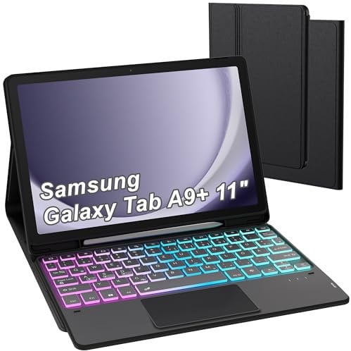 ROOFEI für Samsung Galaxy Tab A9 Plus Hülle Mit QWERTZ Tastatur - DIY 3-Zonen-7-Farbige Beleuchtung Magnetisch Abnehmbar Tastatur mit Trackpad für Samsung Galaxy Tab А9+ 2023 11 Zoll, Schwarz
