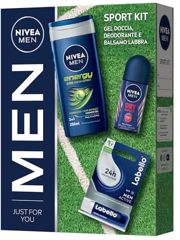 NIVEA MEN Sport Kit Cofanetto Regalo Uomo, Confezione Regalo Uomo con Doccia Shampoo Energy 250ml, Deodorante Dry-Impact 50ml, Burrocacao Labello Active for Men 4.8g