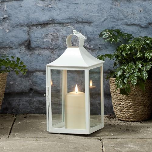 Lights4fun 34cm Laterne Weiß Metall mit TruGlow® LED Kerze mit Timer Gartenlaterne für draußen