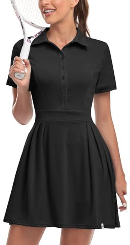 Soneven Damen Tenniskleid mit Hose Tennis Kleidung Set Ärmellos A-Linien Sportkleider Sommerkleid Golfkleid Für Sport Tennis Golf Baseball,Schwarz,L
