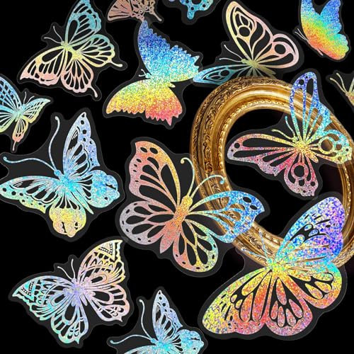 AINIUNIU 100 Stück Holografische Schmetterling Aufkleber Transparent Schmetterling Sticker Set, Selbstklebend Wasserdichte Glitzer Aufkleber für DIY Scrapbook Laptop, Fotoalben, Grußkarten