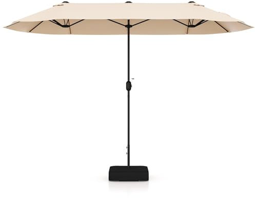 RELAX4LIFE Ombrellone Doppio da Giardino con Base, Ombrellone Parasole con Apertura a Manovella, Tetti Ventilati, Ombrellone da Esterno per Patio, Cortile, Ristorante o Bar (Beige)
