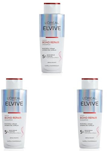 L'Oréal Paris Elvive Bond Repair Shampoo, Rafforzante, Per Capelli Danneggiati, Ricrea I Legami Interni Del Capello, Con Acido Citrico, 200 Ml (Confezione da 3)