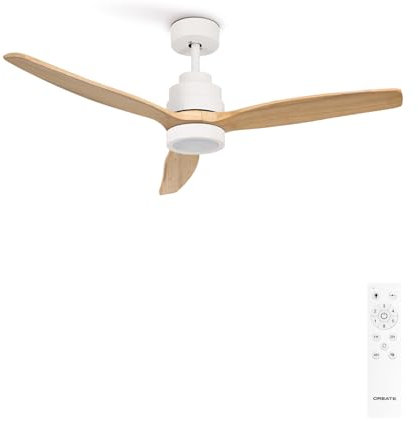 CREATE / WINDSTYLANCE DC/Ventilador de techo con luz blanco aspas madera natural con mando / 40W, Silencioso, Ø132 cm, 6 velocidades, temporizador, verano-invierno, doble altura, motor DC