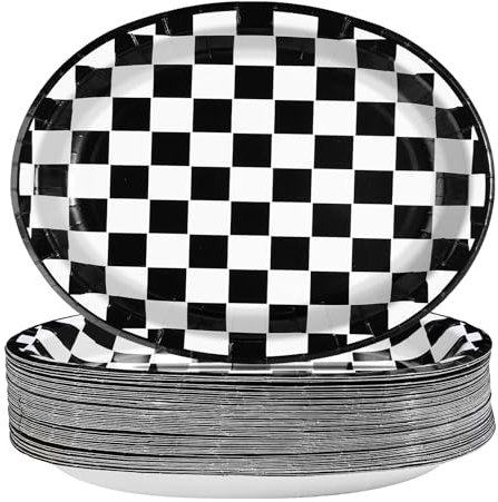 50Pcs Black & White Gingham Oval Paper Plates Checkered Party Plates 10 X 12 Disposable 400GSM Race Car Dessert Dinnerware for Racing Car Party Supplies Birthday Baby Shower Decorations