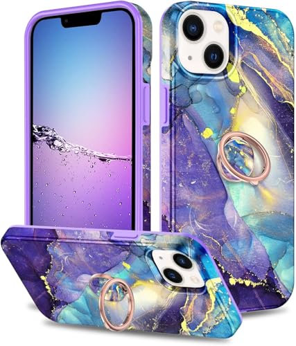 Petocase Compatible with iPhone 13 Case with Ring Stand [360°Rotatable Ring Holder ] Marble Shockproof Kickstand TPU Slim Bumper Girls Cover for Apple iPhone 13 6.1 inch,Purple