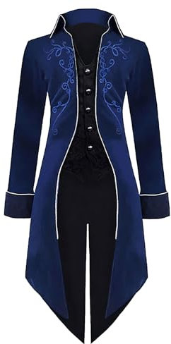 MVFEUIJ Men's Vintage Gothic Tailcoat, Medieval Steampunk Jacket, Male Victorian Renaissance Retro Vintage Embroidery Coat Halloween Party Cosplay Pirate Vampire Costumes for Adult (Blue, S)