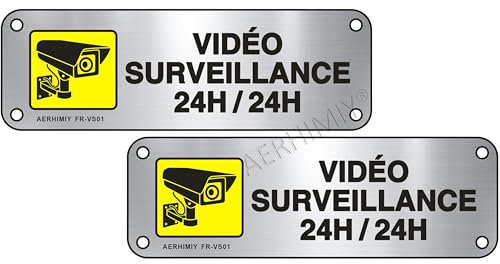 Vidéo Surveillance 24H Panneau Métallique avec Adhésif, 2 Panneau Camera Surveillance 5×15cm, Résistant aux UV, Imperméable, Avec Trous Percés (Aluminium Brossé)