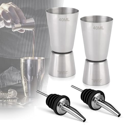 Misurino per cocktail da 2 pezzi, misurino doppio per gin, con 2 versatori per bottiglie, misurino da bar in acciaio inossidabile, shaker, per bar, feste, vino, cocktail, Argento