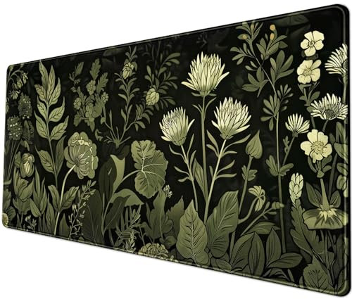 Sage Green Floral Black Plant Desk Pad Retro Aesthetics Mouse Pad Large Gaming Mouse Mat for Office Computer Keyboard Laptop Home with Stitched Edges,Non-Slip Rubber Base 31.5 X 11.8 in