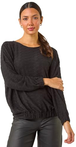 Roman Originals Bubble Hem Textured Stretch Top for Women UK - Ladies Everyday Autumn Winter Round Neckline Comfy Soft Evening Vacation Work Party Night Out - Black - Size 10