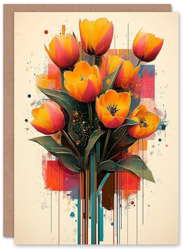 Artery8 Greeting Card Tulip Bouquet Modern Floral Abstract Painting For Her Woman Birthday Card