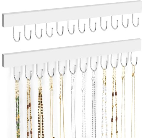 ZEDODIER Halsketten-Organizer, Wandhalterung, Holz-Schmuckaufhänger, Halskettenhalter mit 24 Haken, hängender Schmuck-Organizer, Weiß, 2 Stück